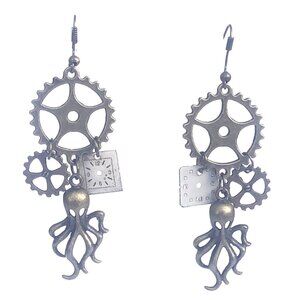 Antiqued Brass Nautical Steampunk Chandelier Earrings with Octopus and Gears